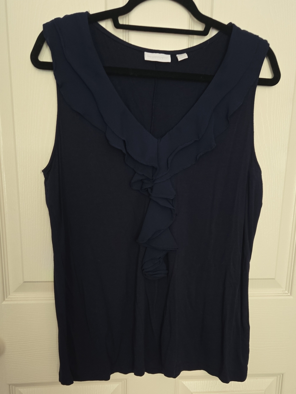 New York & Company Navy Ruffle V-Neck Sleeveless Top